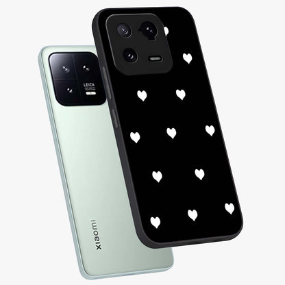 Cute And Simple White Hearts Glass Case displayed in angled mockup highlighting cute heart design with clean aesthetic style.