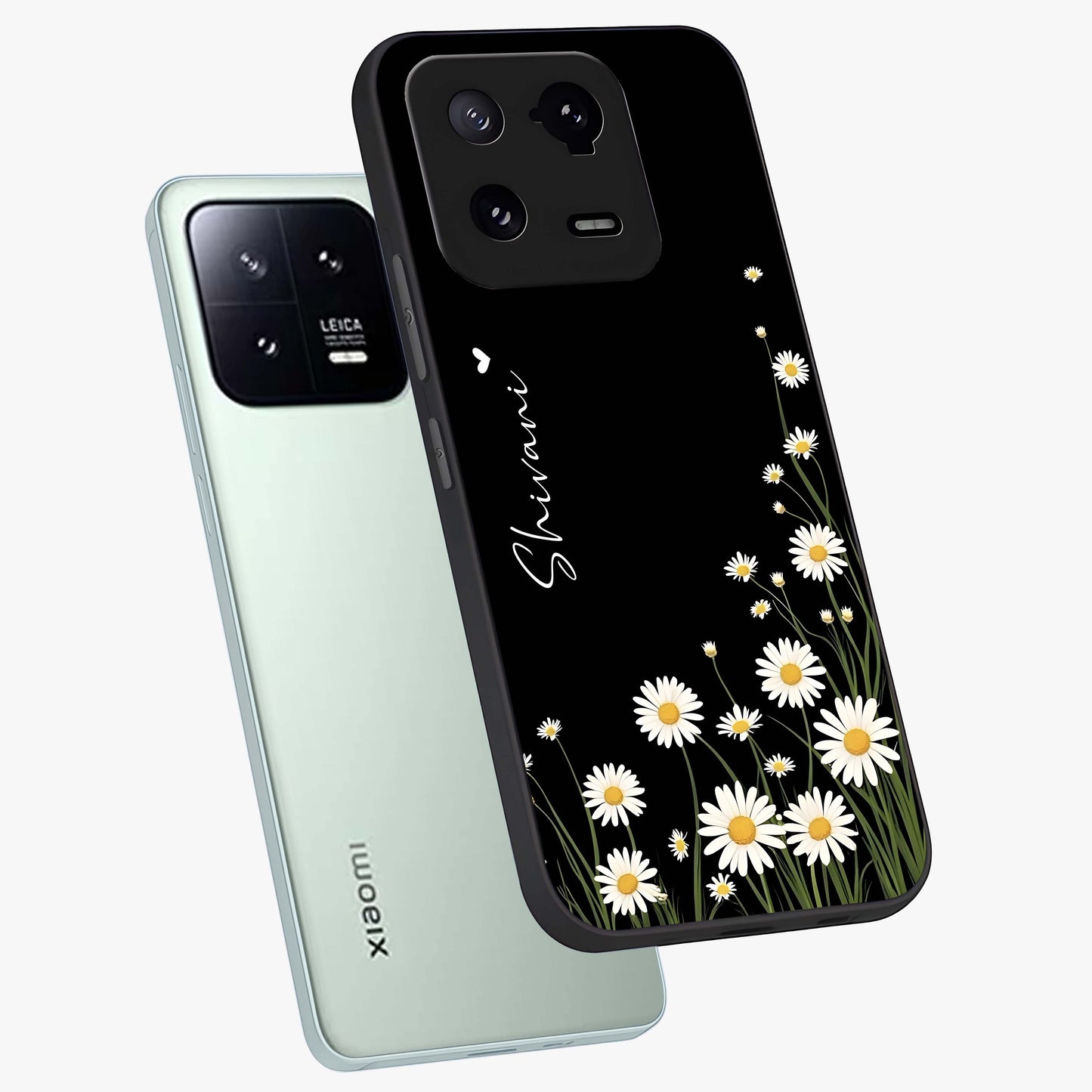 Daisy Cascade Custom Name Glass Case displayed in angled mockup highlighting delicate daisy artwork with custom name feature.