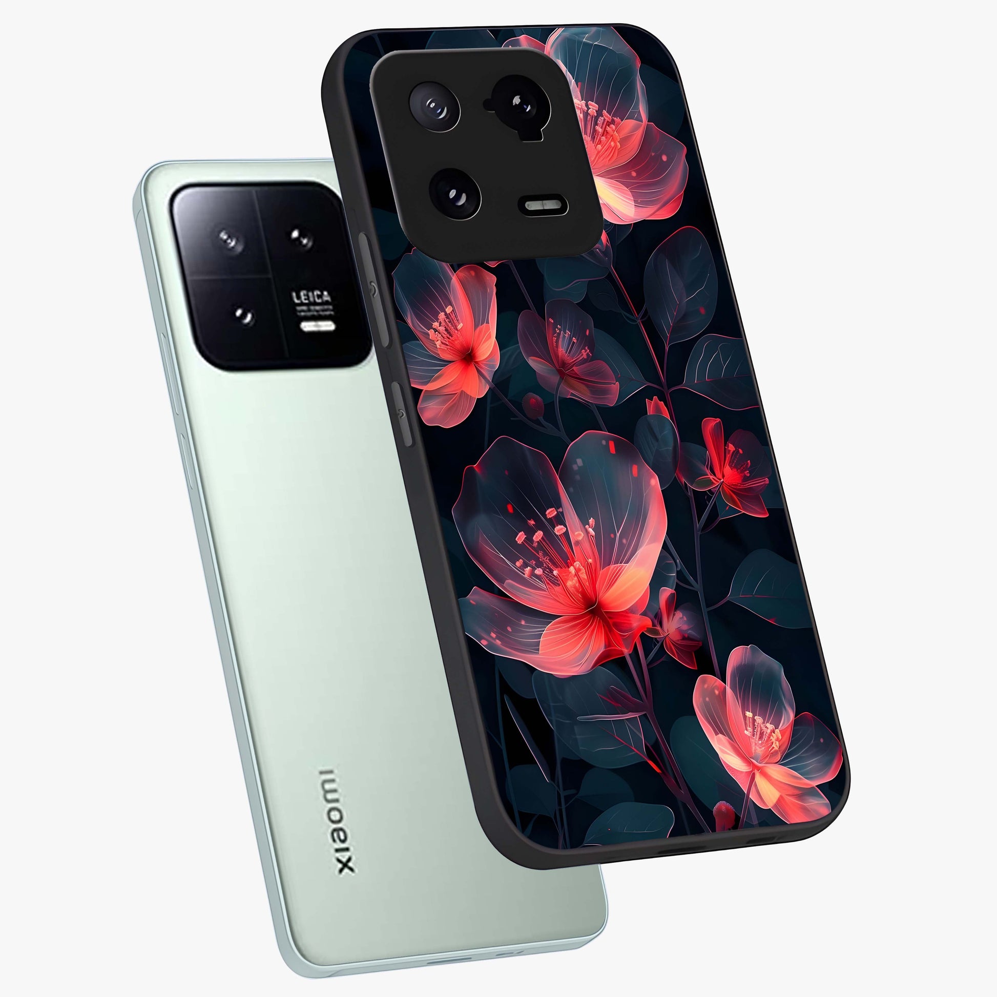 Dark Shade of Flower Glass Case displayed in angled mockup highlighting moody floral illustration with aesthetic dark tones.