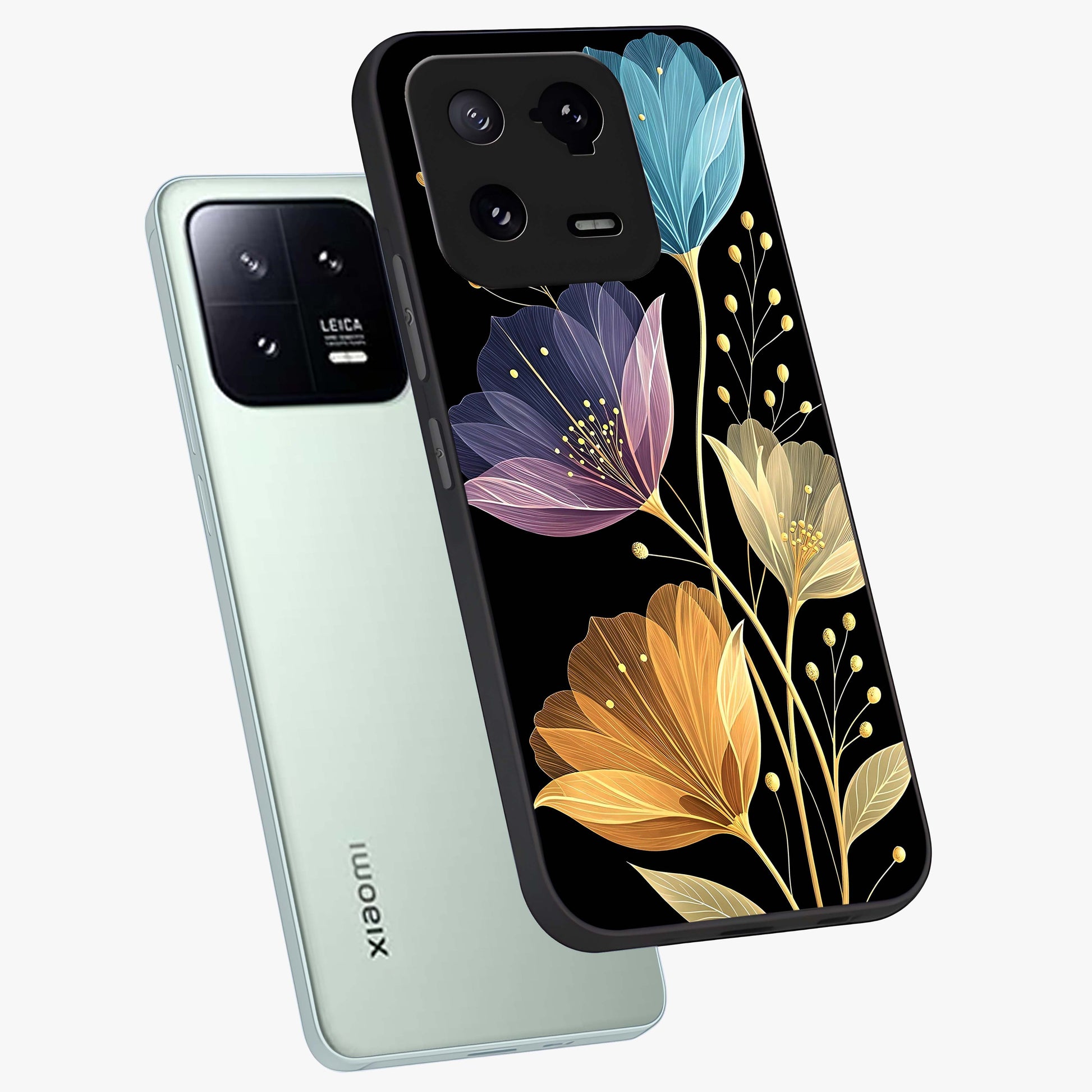 Delicate Multicolor Flowers Glass Case displayed in angled mockup highlighting colorful flower pattern with soft aesthetic style.