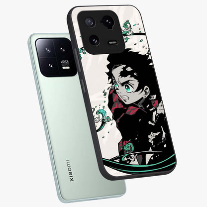 Demon Slayer Glass Case displayed in angled mockup highlighting dramatic anime character design with action aesthetic.