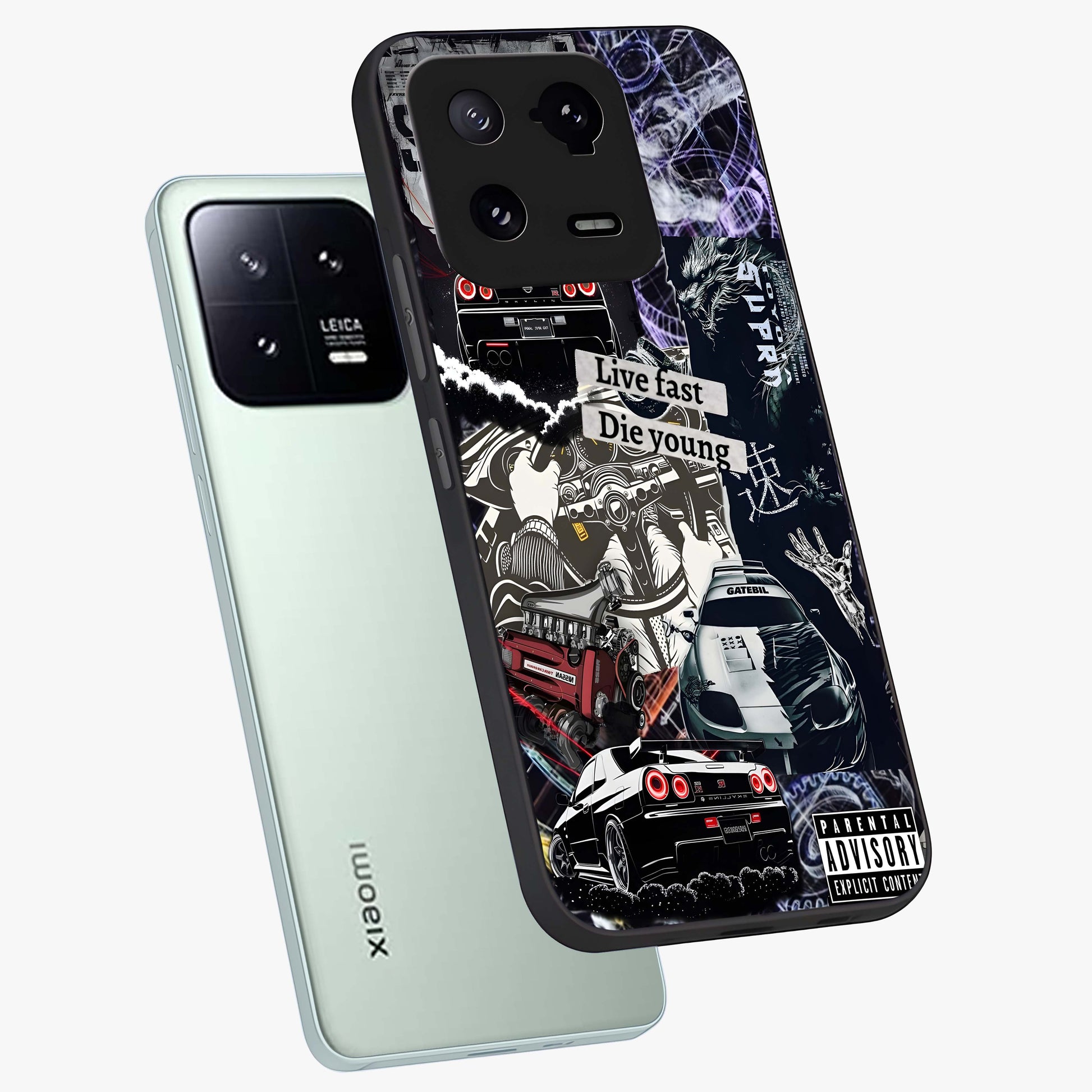 Die Young Glass Case displayed in angled mockup highlighting expressive graphic artwork with edgy aesthetic style.