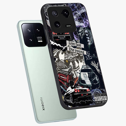 Die Young Glass Case displayed in angled mockup highlighting expressive graphic artwork with edgy aesthetic style.