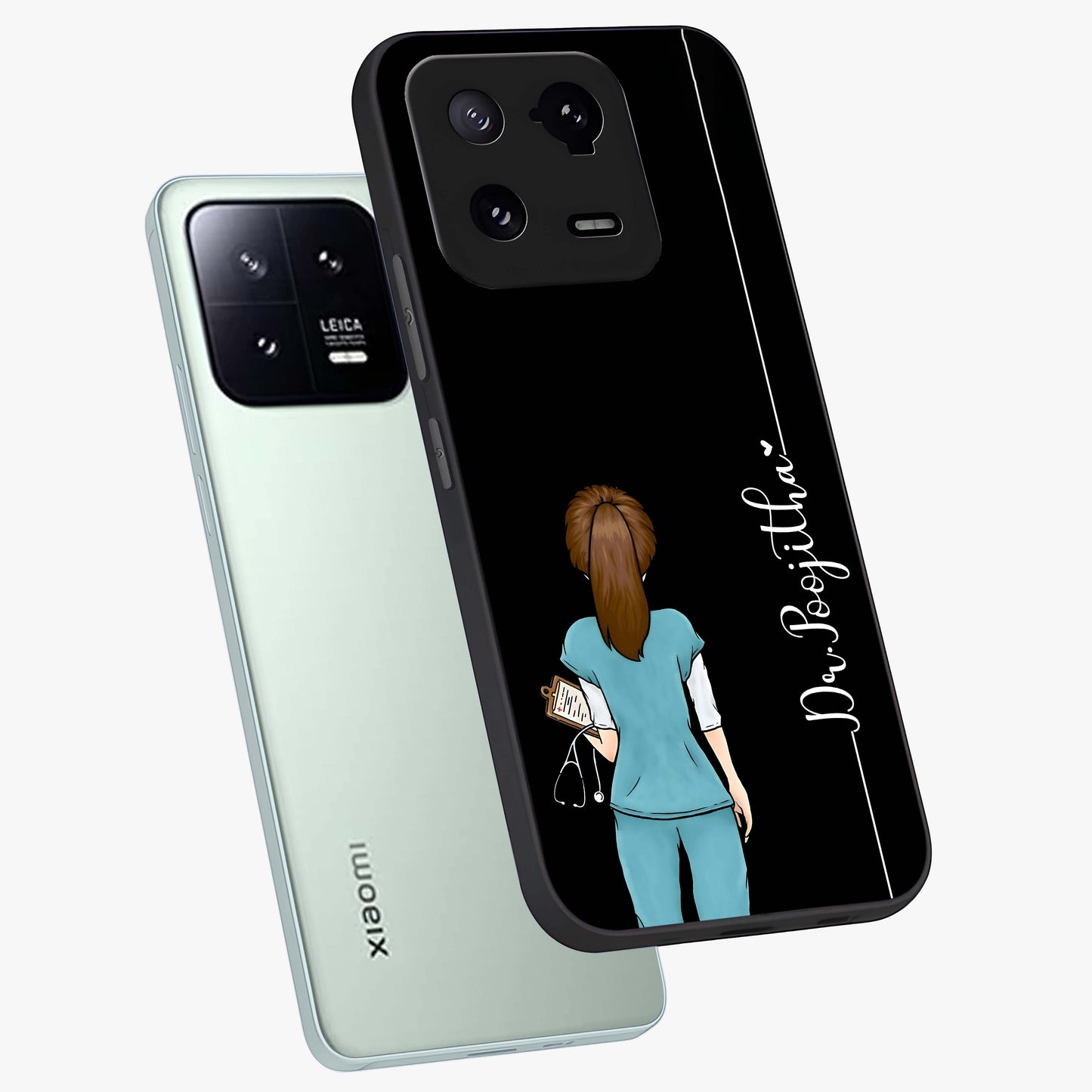 Doctor Pattern Custom Name Glass Case displayed in angled mockup highlighting doctor inspired artwork with custom name feature.