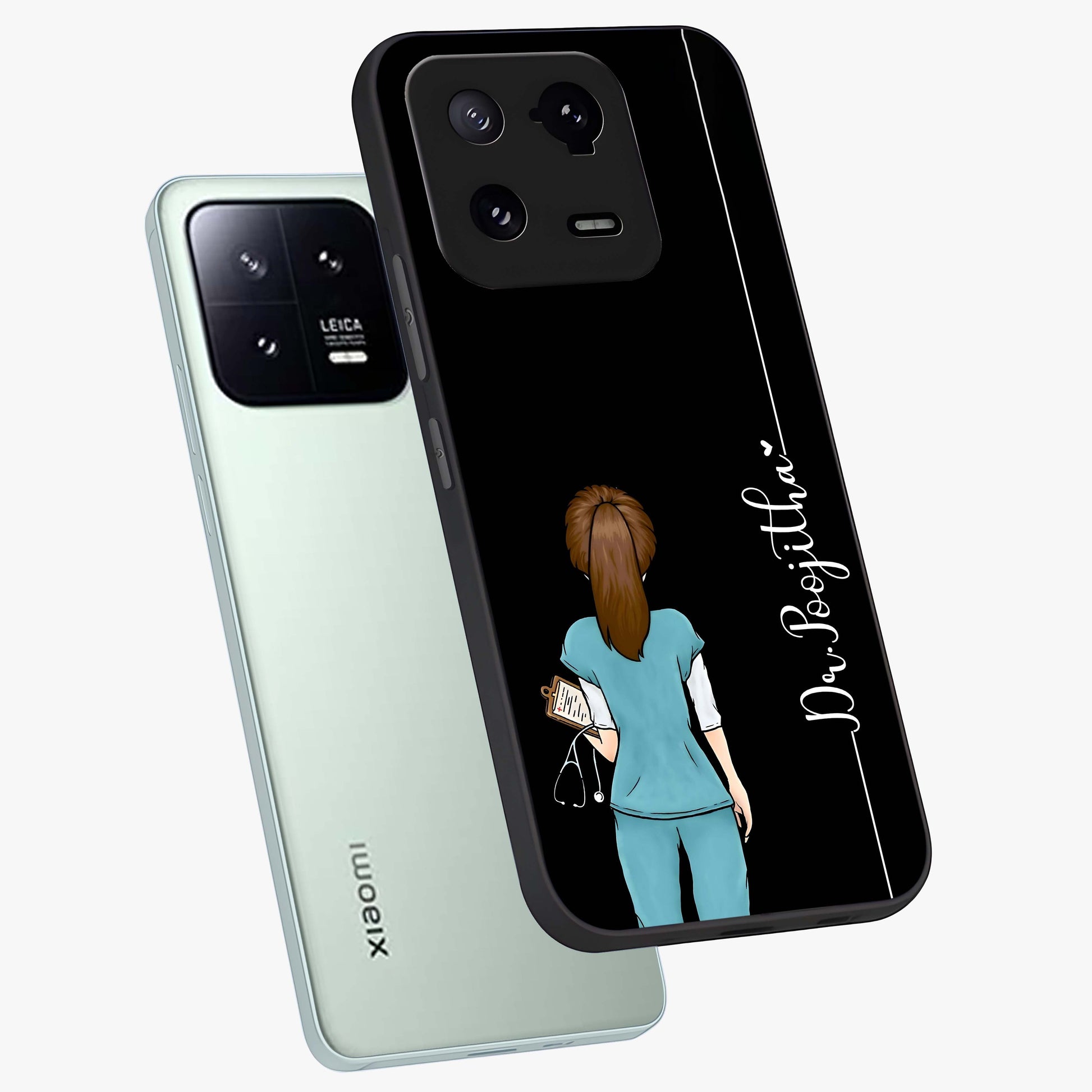 Doctor Pattern Custom Name Glass Case displayed in angled mockup highlighting doctor inspired artwork with custom name feature.