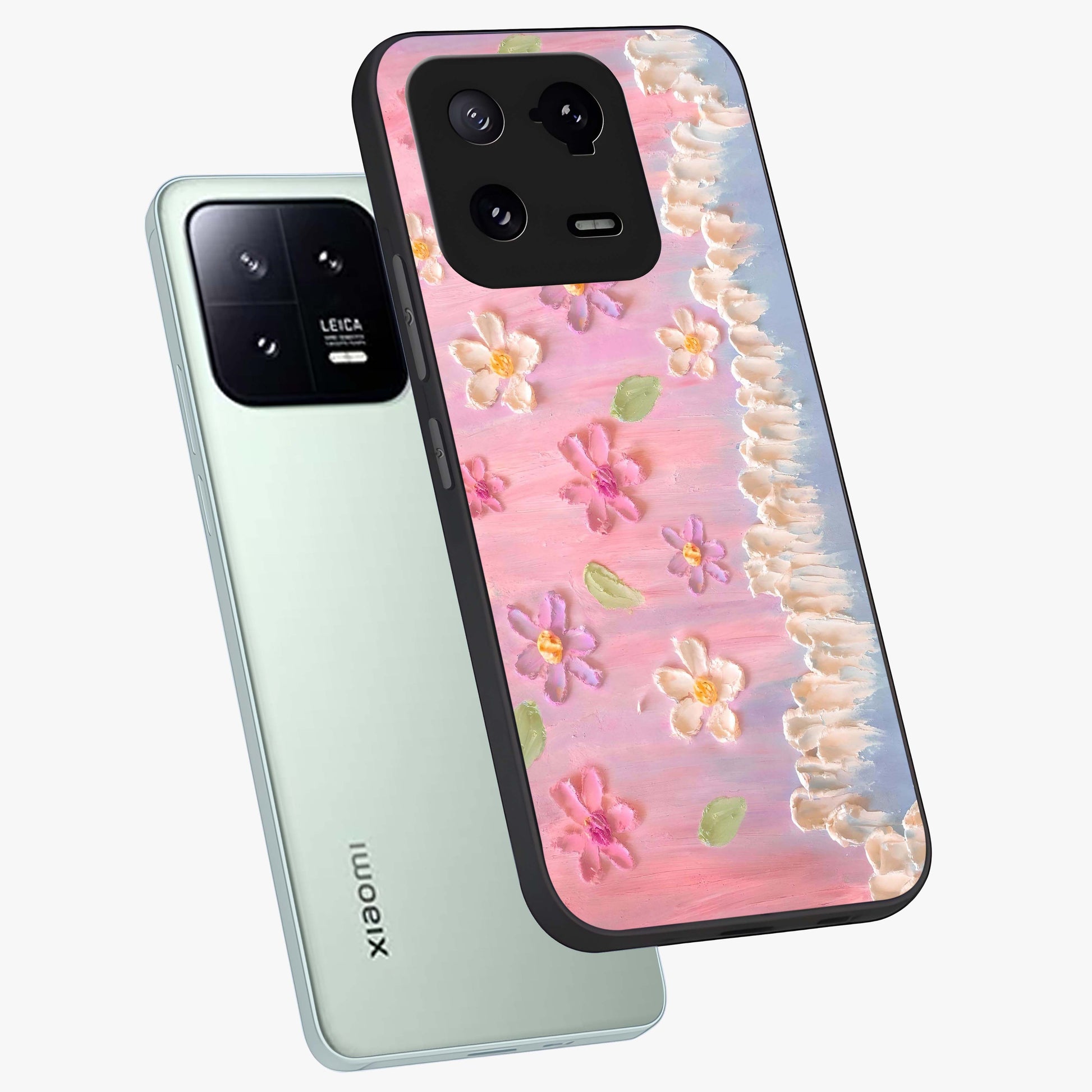 Dreamy Painted Garden Glass Case displayed in angled mockup highlighting colorful garden illustration with dreamy aesthetic style.