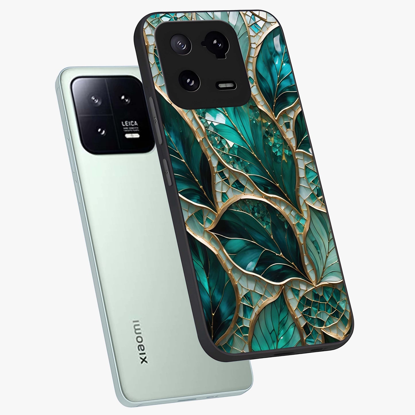 Emerald Leaf Glass Glass Case displayed in angled mockup highlighting botanical leaf illustration with elegant natural aesthetic.