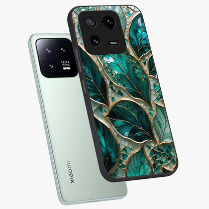Emerald Leaf Glass Glass Case displayed in angled mockup highlighting botanical leaf illustration with elegant natural aesthetic.