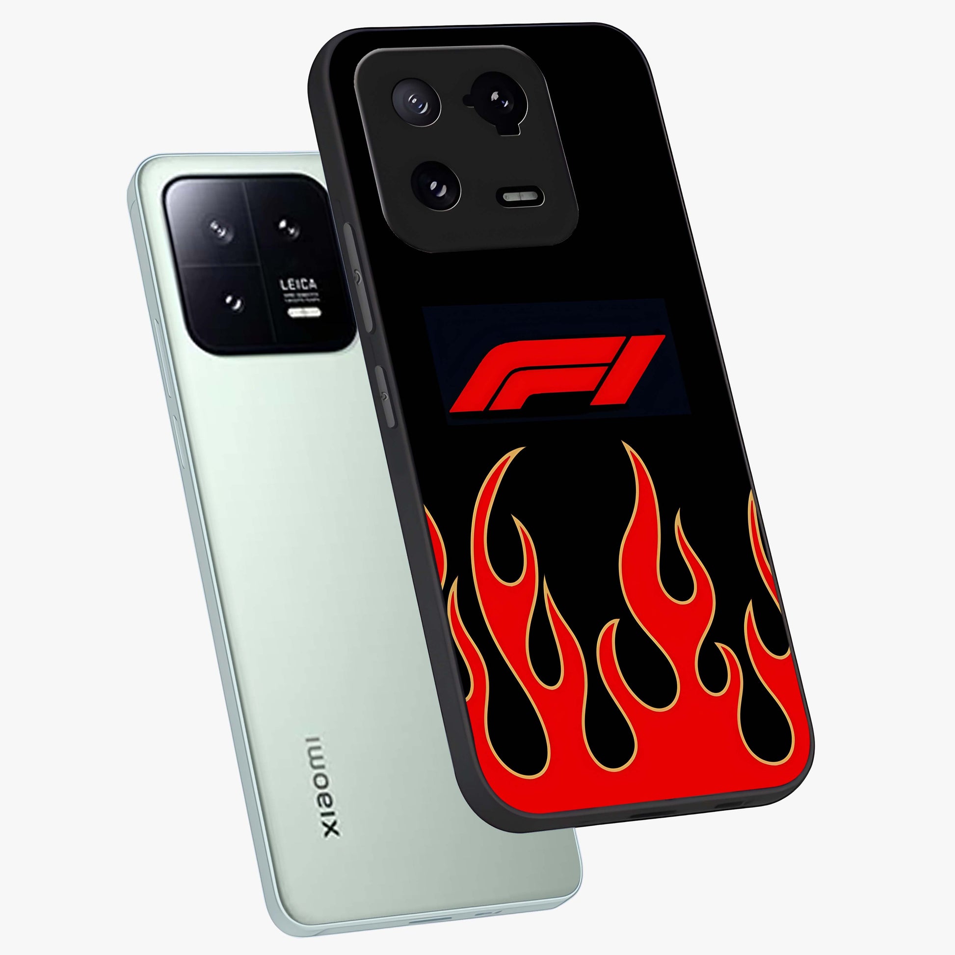 Fire F11 Glass Case displayed in angled mockup highlighting bold fire inspired graphic with energetic aesthetic style.
