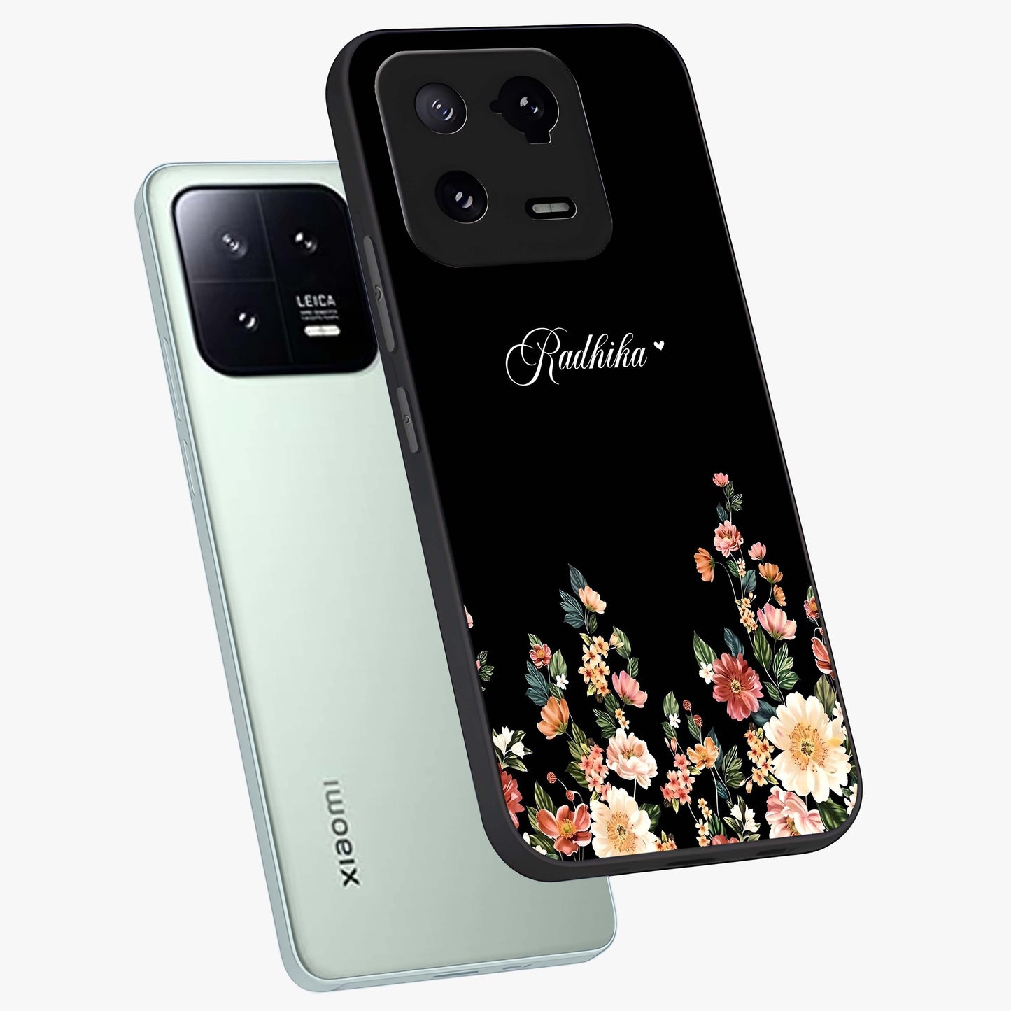 Floral Design With a Custom Personalized Name Glass Case displayed in angled mockup highlighting elegant floral pattern with custom name feature.