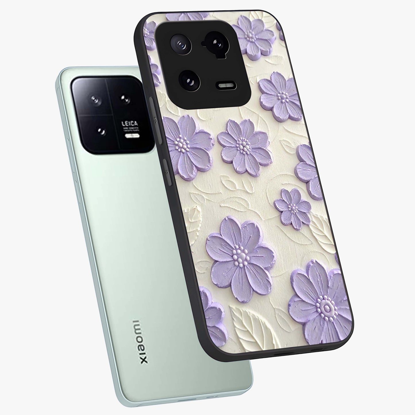 Floral Wall Art With Purple Flowers Glass Case displayed in angled mockup highlighting vibrant purple floral illustration with artistic aesthetic.
