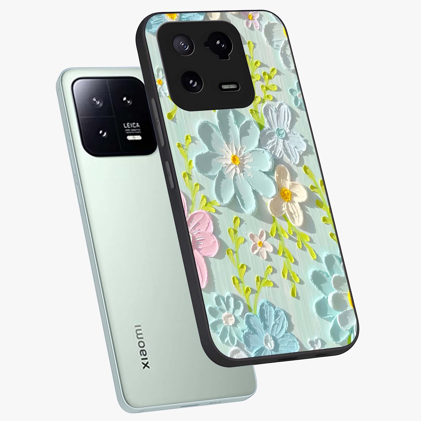 Frosted Petal Garden Glass Case displayed in angled mockup highlighting delicate flower petal design with calm garden aesthetic.