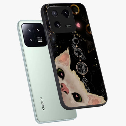 Galactic Cat Glass Case displayed in angled mockup highlighting celestial feline illustration with galaxy aesthetic style.