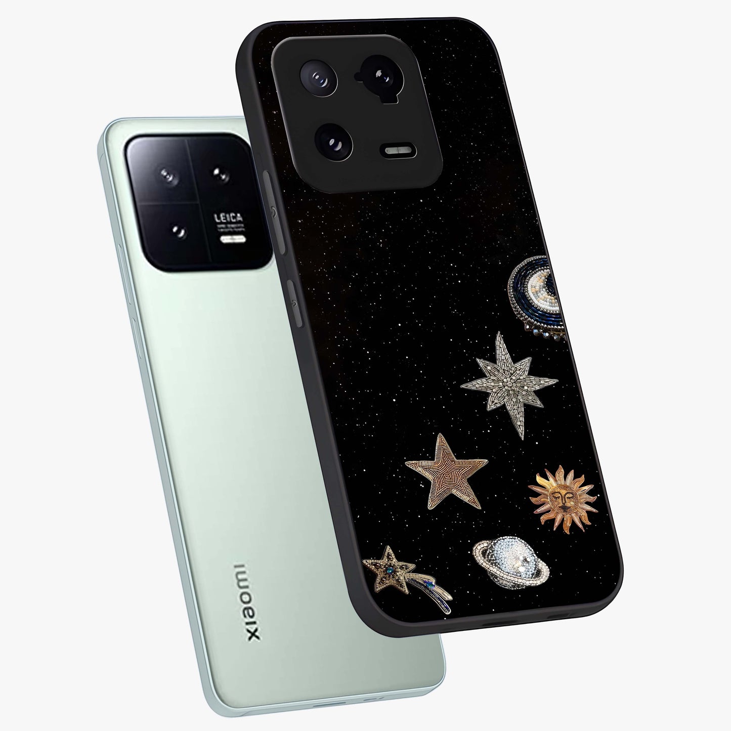Galactic Charm Glow Glass Case displayed in angled mockup highlighting luminous galaxy inspired design with dreamy aesthetic.