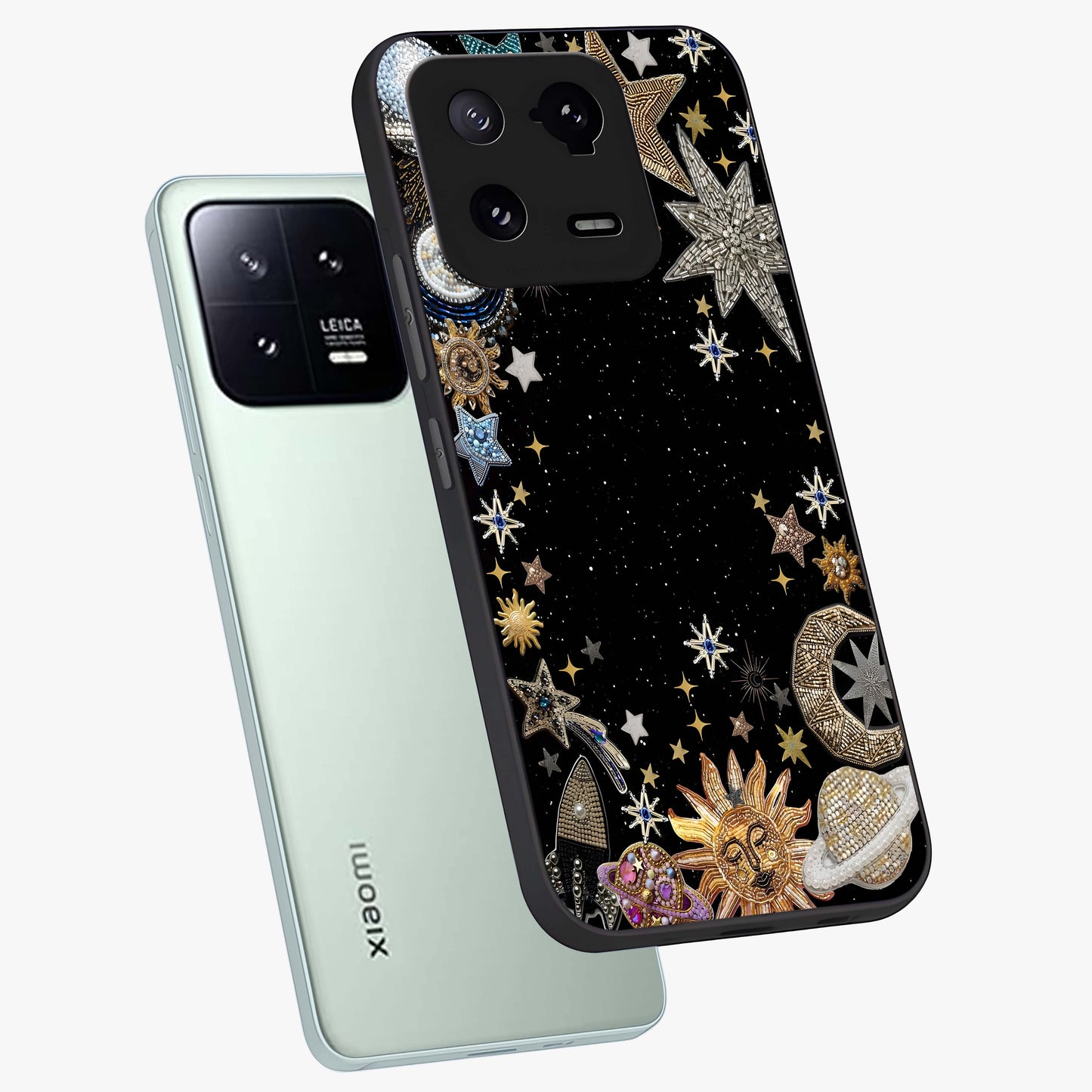 Galactic Jewel Stars Glass Case displayed in angled mockup highlighting shining celestial star design with cosmic aesthetic style.