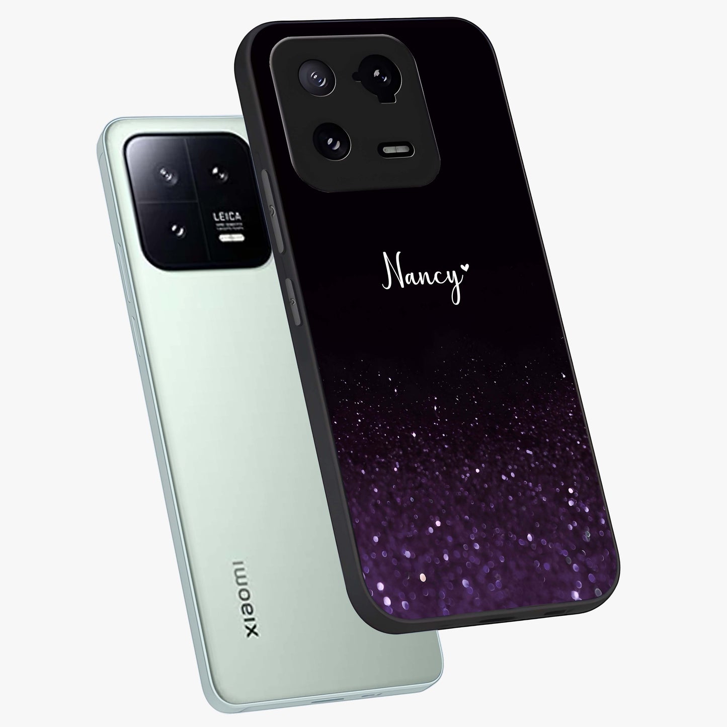 Glittery Purple Bokeh Custom Name Glass Case displayed in angled mockup highlighting glitter bokeh pattern with custom name feature.