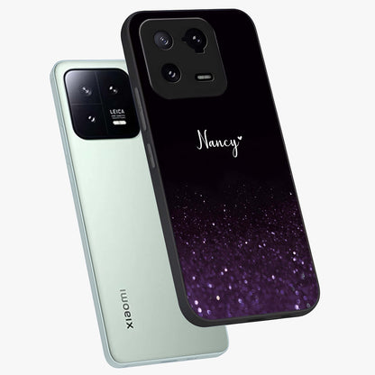 Glittery Purple Bokeh Custom Name Glass Case displayed in angled mockup highlighting glitter bokeh pattern with custom name feature.