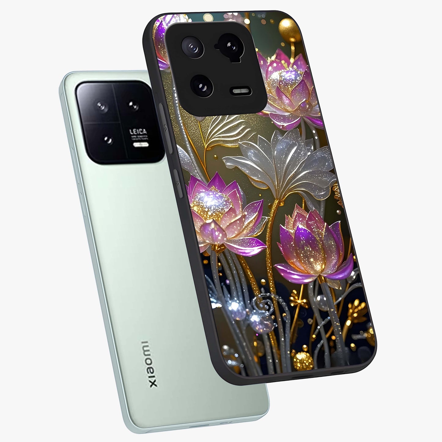 Golden Floral Majesty Glass Case displayed in angled mockup highlighting elegant flower design with royal golden aesthetic.