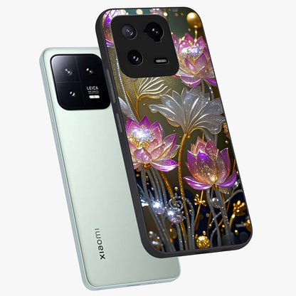 Golden Floral Majesty Glass Case displayed in angled mockup highlighting elegant flower design with royal golden aesthetic.