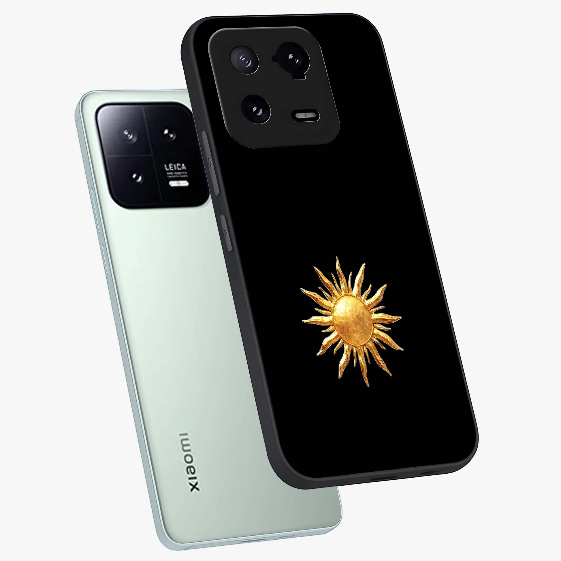 Golden Sun Minimalism Glass Case displayed in angled mockup highlighting eerie shadow illustration with gothic aesthetic.