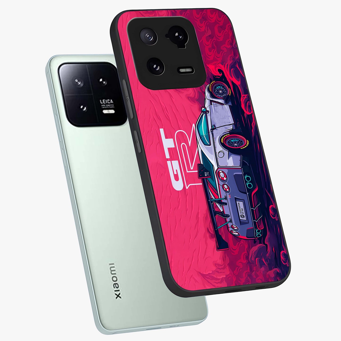 GT-R Car Pattern Glass Case displayed in angled mockup highlighting racing car graphic design with bold automotive aesthetic.