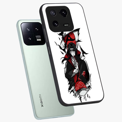 Itachi Limited Edition Naruto Anime Glass Case displayed in angled mockup highlighting dramatic anime illustration with bold action aesthetic.