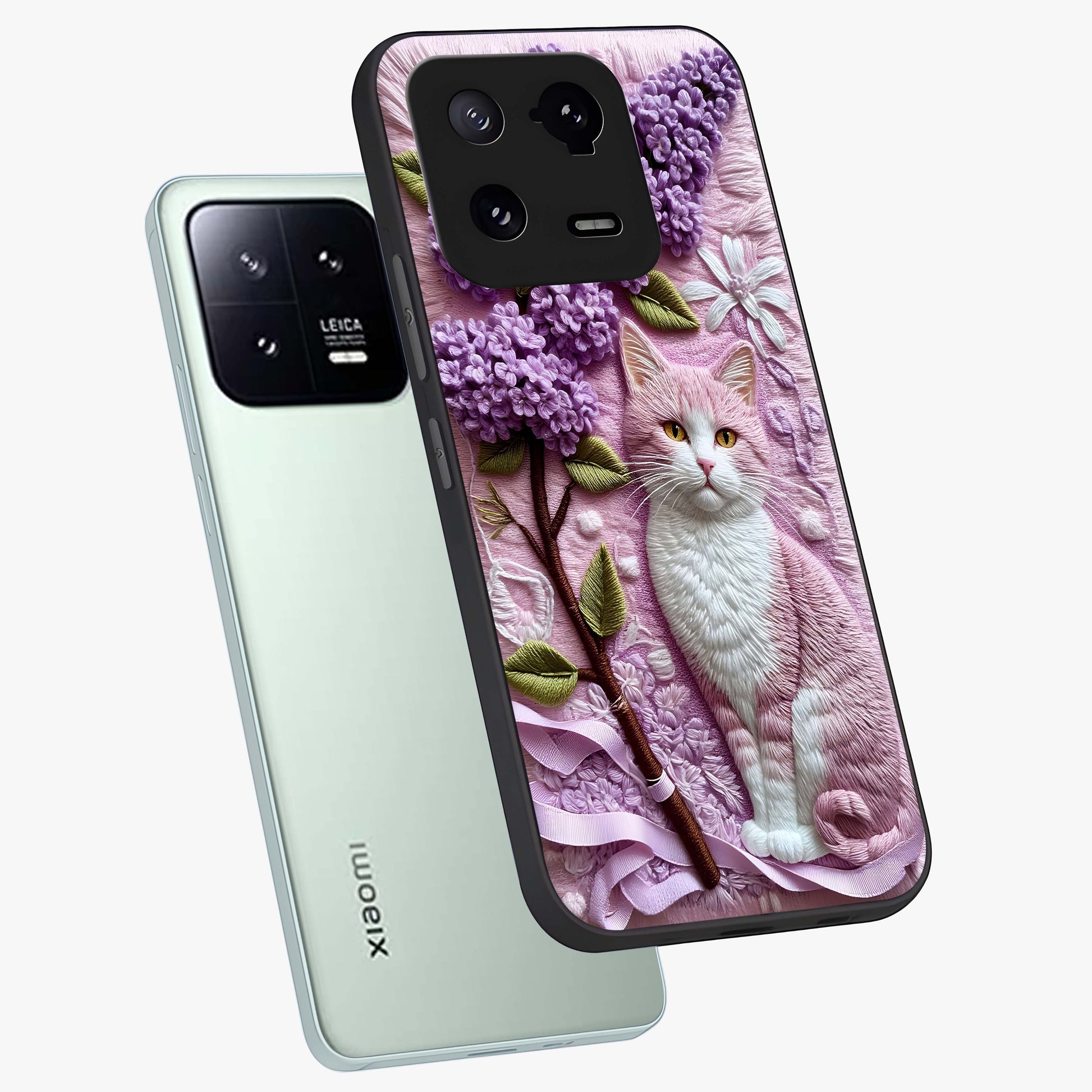 Lavender Cat Whimsy Glass Case displayed in angled mockup highlighting playful feline illustration with pastel lavender aesthetic.
