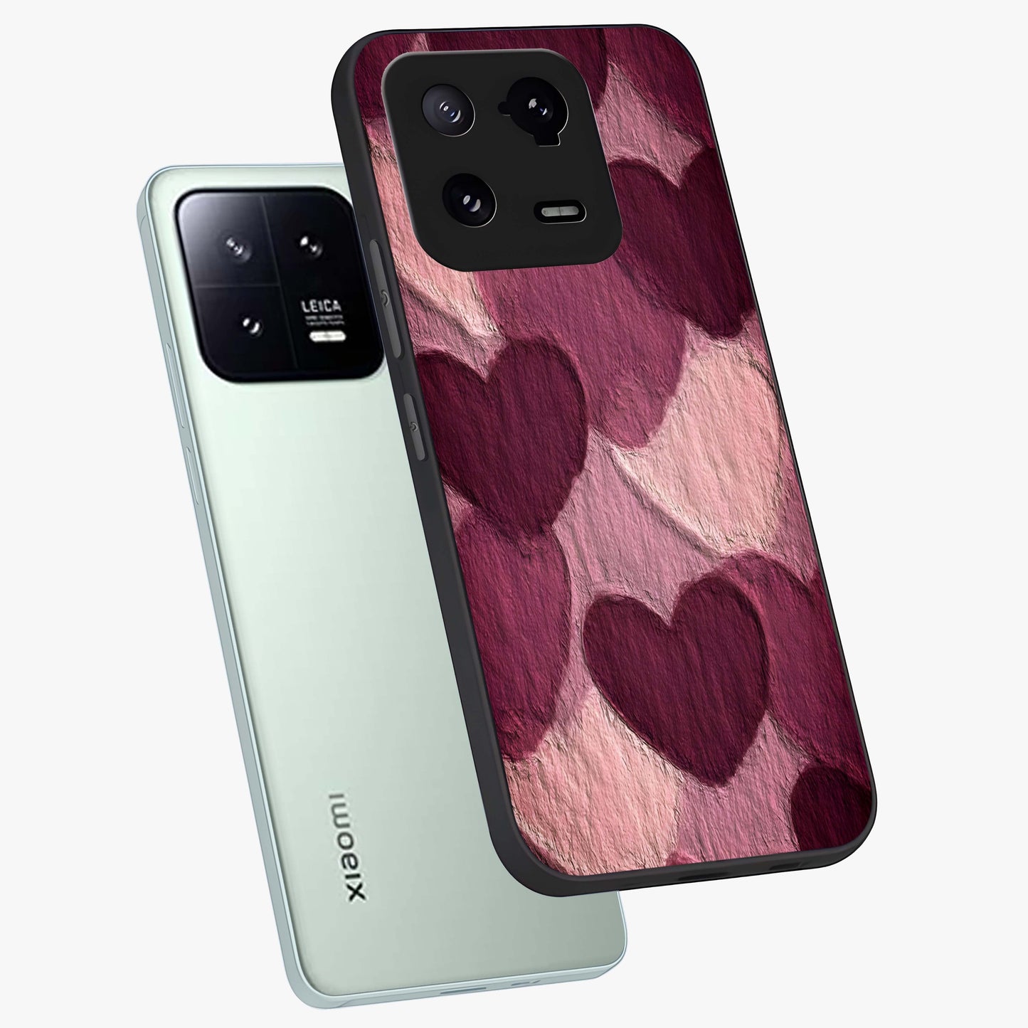 Layered Paper Hearts Glass Case displayed in angled mockup highlighting creative paper craft heart design with romantic aesthetic.