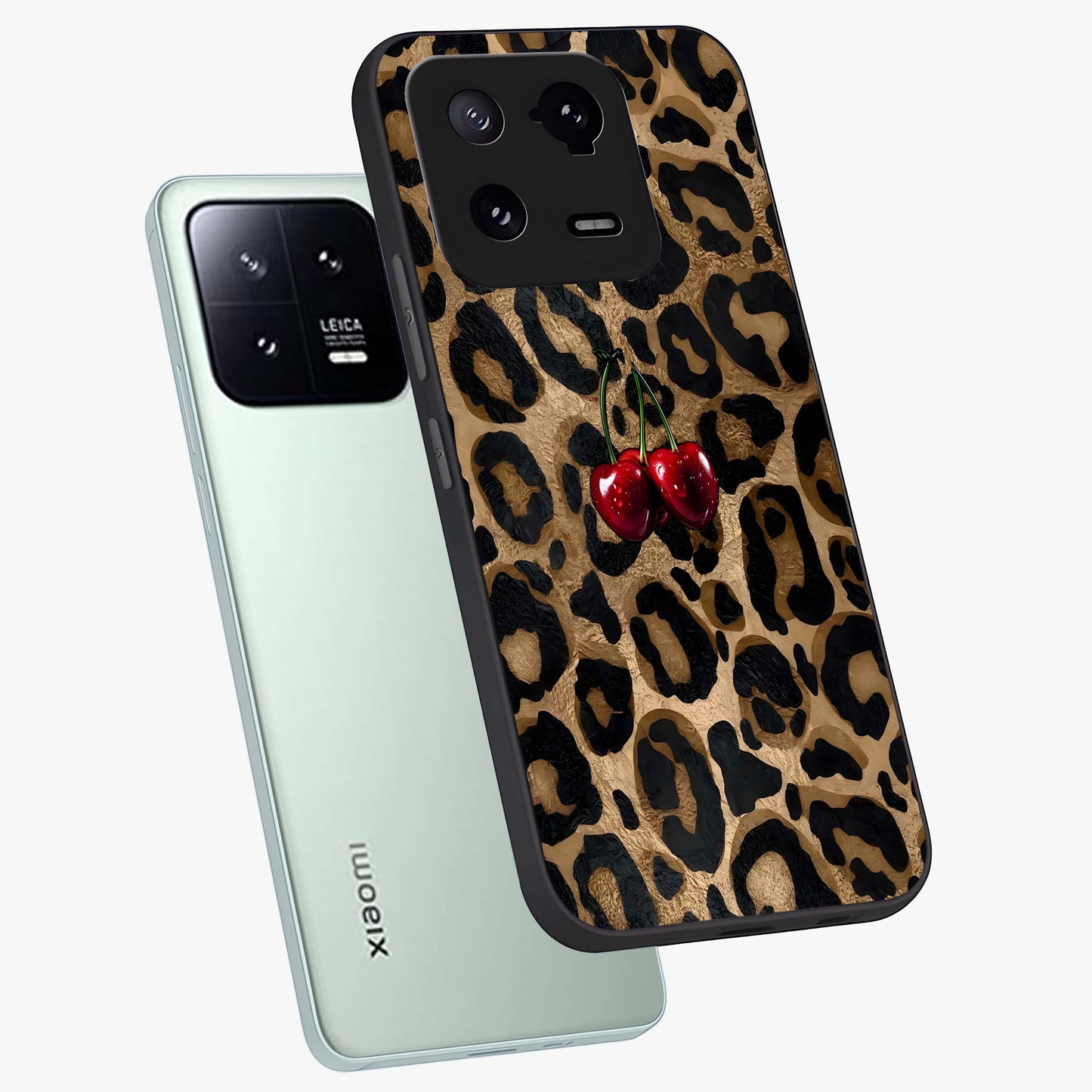 Leopard Wild Cherry Glass Case displayed in angled mockup highlighting bold animal print design with playful cherry aesthetic.
