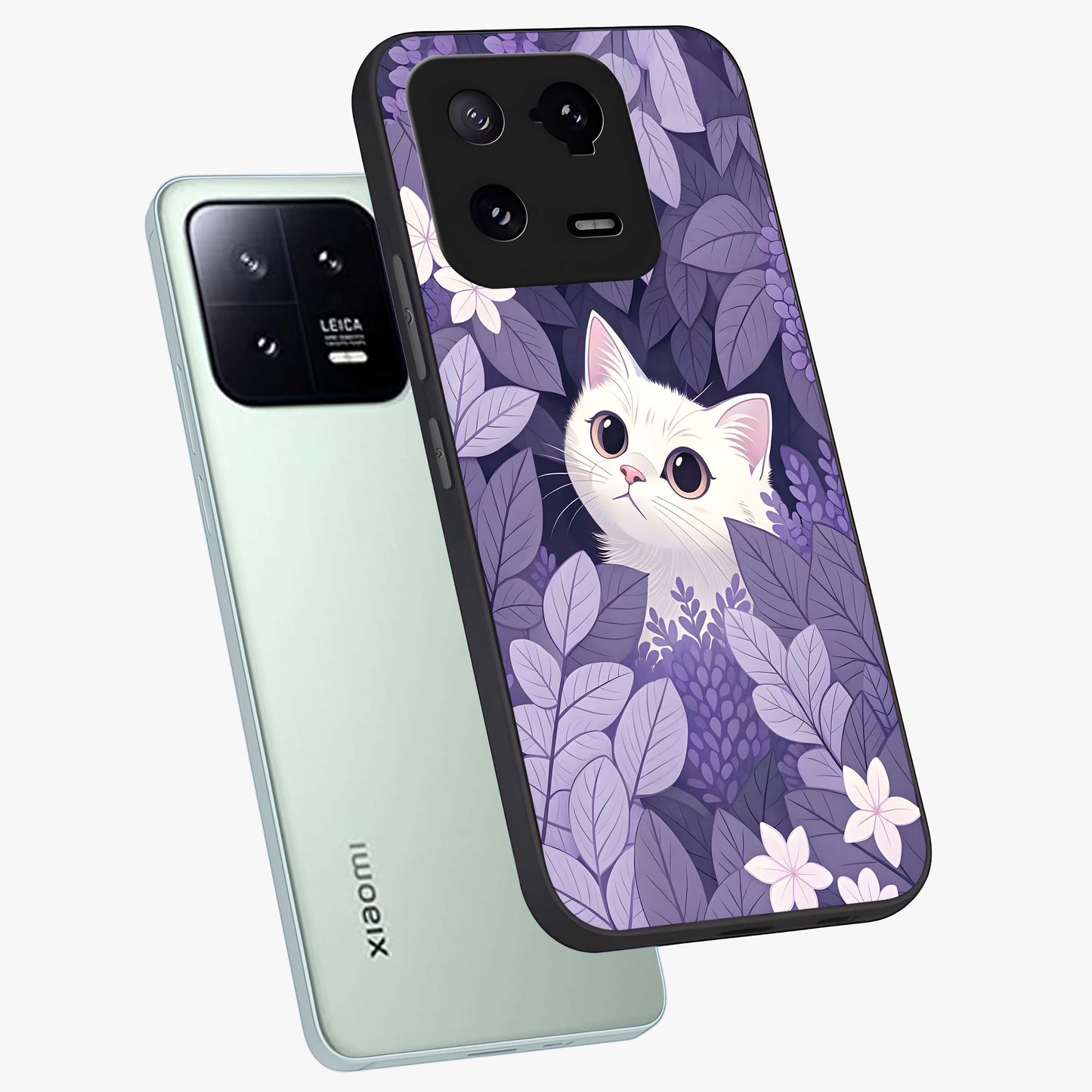 Lilac Hide Peek Cat Glass Case displayed in angled mockup highlighting playful feline illustration with lilac aesthetic design.
