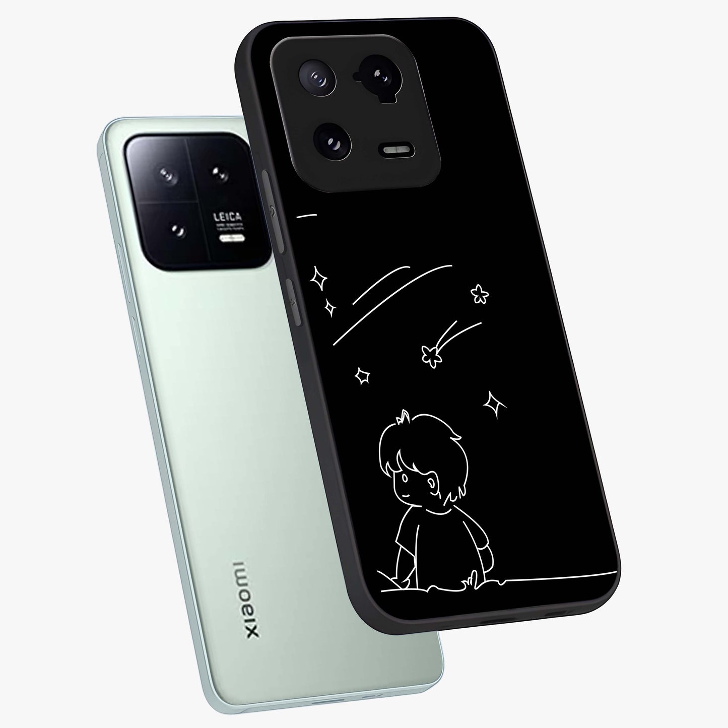 Line Art Boy With Shooting Stars Glass Case displayed in angled mockup highlighting elegant line art design with dreamy star aesthetic.