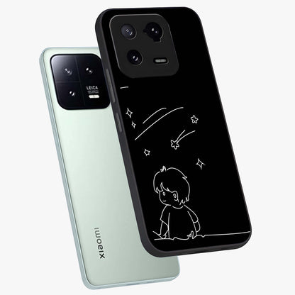 Line Art Boy With Shooting Stars Glass Case displayed in angled mockup highlighting elegant line art design with dreamy star aesthetic.