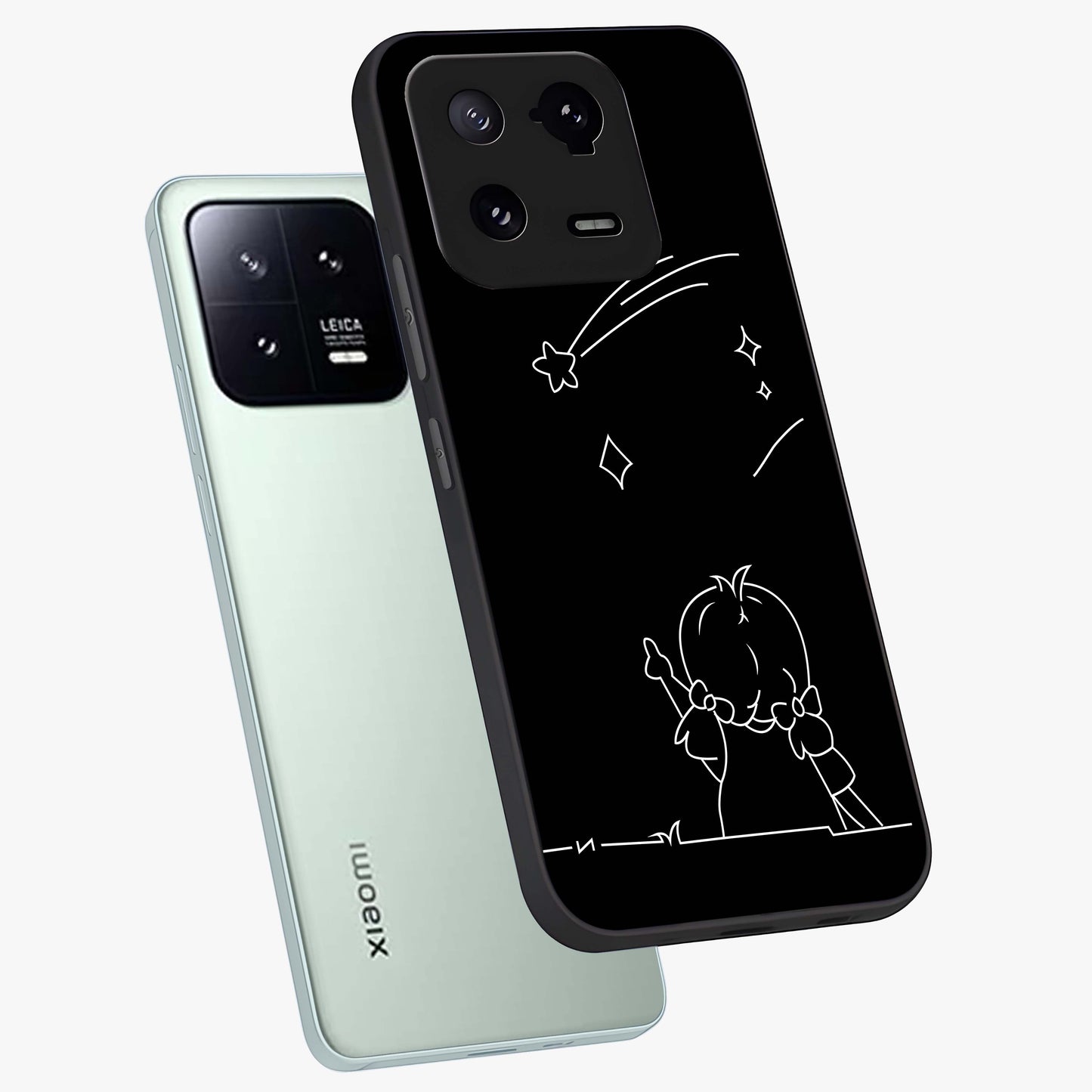 Line Art Girl With Shooting Stars Glass Case displayed in angled mockup highlighting elegant line art design with dreamy star aesthetic.