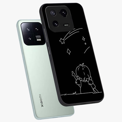 Line Art Girl With Shooting Stars Glass Case displayed in angled mockup highlighting elegant line art design with dreamy star aesthetic.