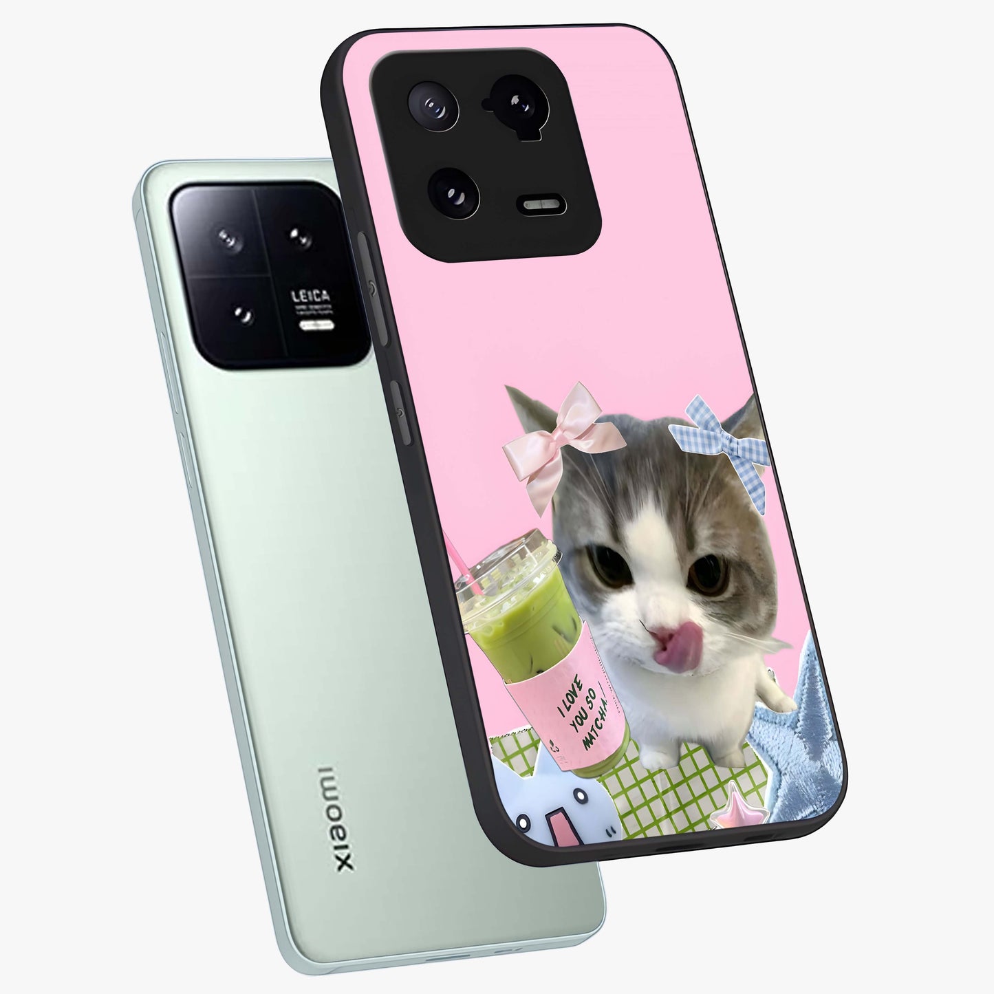 Love Matcha Cat Glass Case displayed in angled mockup highlighting playful feline illustration with cozy matcha aesthetic.
