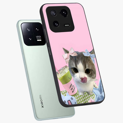 Love Matcha Cat Glass Case displayed in angled mockup highlighting playful feline illustration with cozy matcha aesthetic.