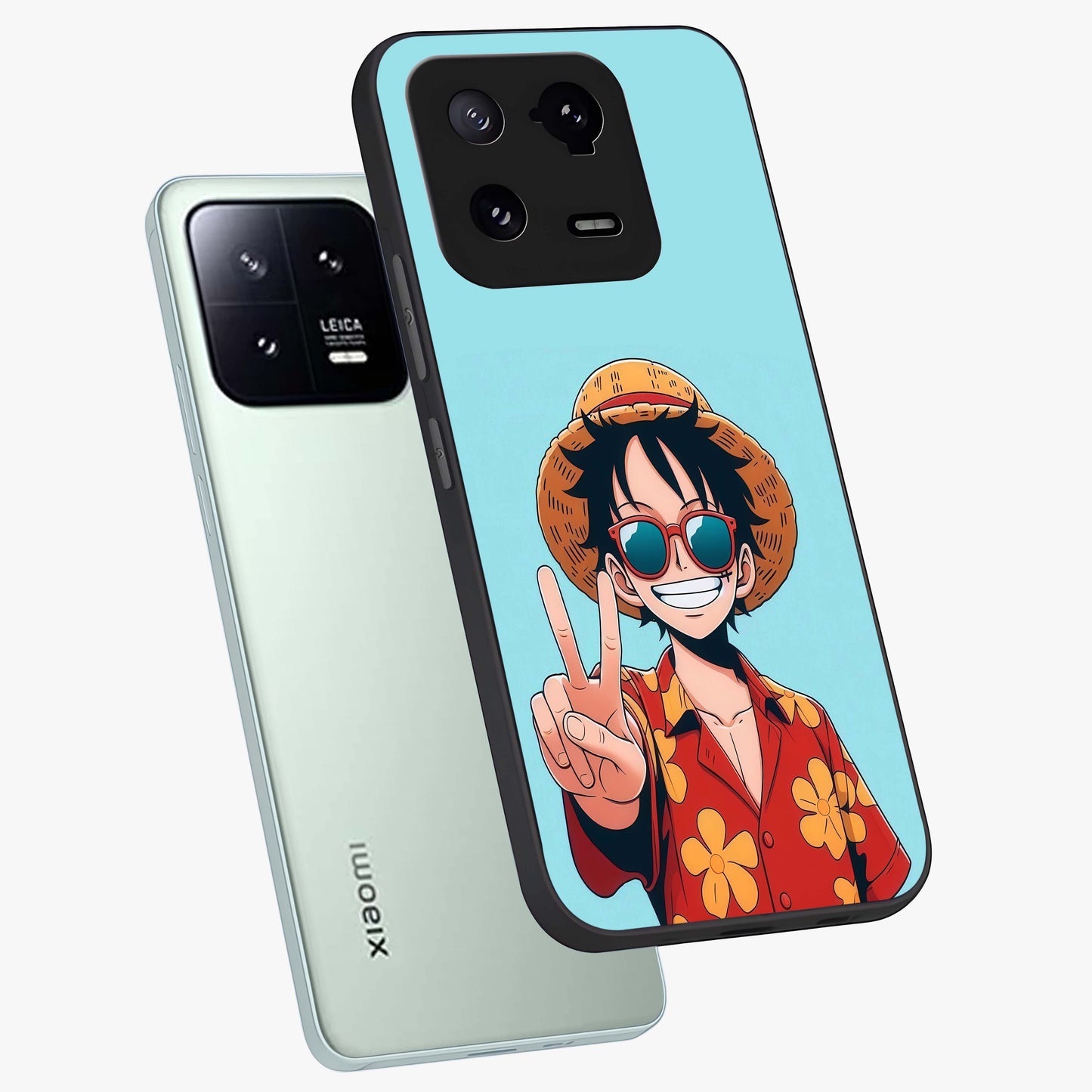 Luffy Summer Anime Vibe Glass Case displayed in angled mockup highlighting energetic anime illustration with summer vibe aesthetic.