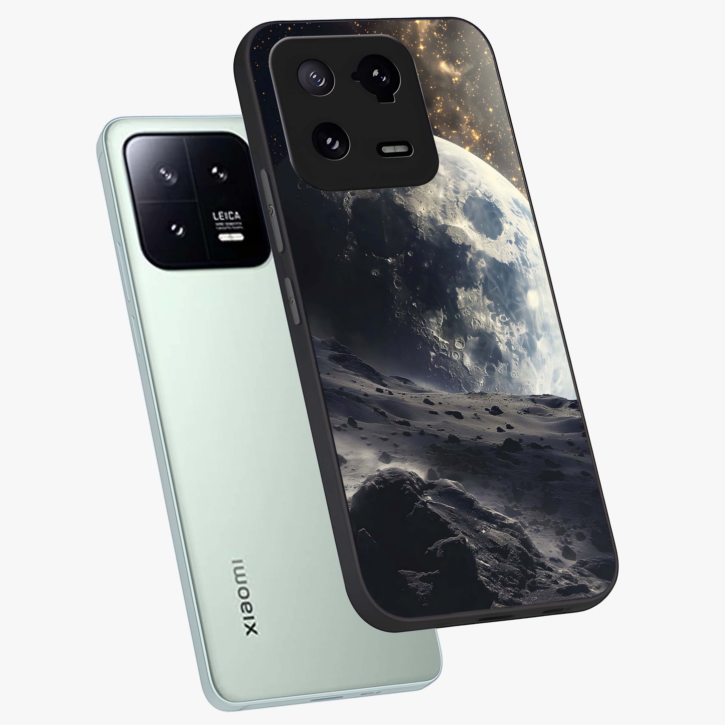 Lunar Horizon Glow Glass Case displayed in angled mockup highlighting celestial moon design with dreamy night aesthetic.