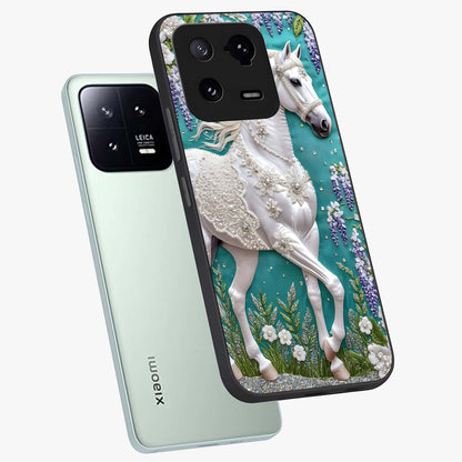 Majestic Floral Stallion Glass Case displayed in angled mockup highlighting majestic stallion illustration with elegant floral aesthetic.