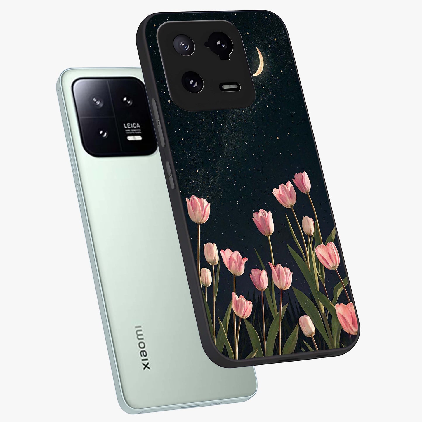 Midnight Tulip Whispers Vibe Glass Case displayed in angled mockup highlighting delicate tulip design with midnight floral aesthetic.