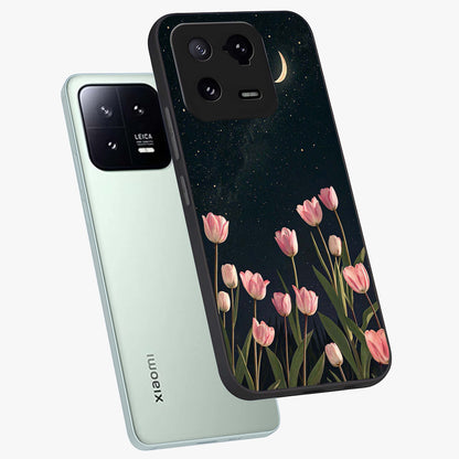 Midnight Tulip Whispers Vibe Glass Case displayed in angled mockup highlighting delicate tulip design with midnight floral aesthetic.