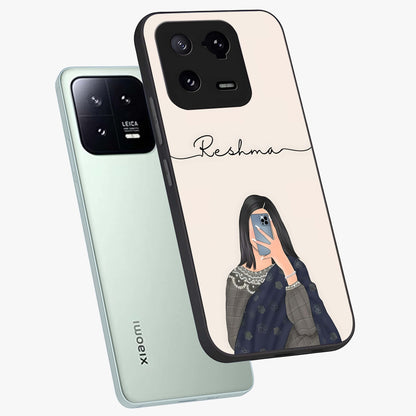 Mirror Mood Muse With Custom Name Glass Case displayed in angled mockup highlighting aesthetic mirror inspired design with custom name feature.