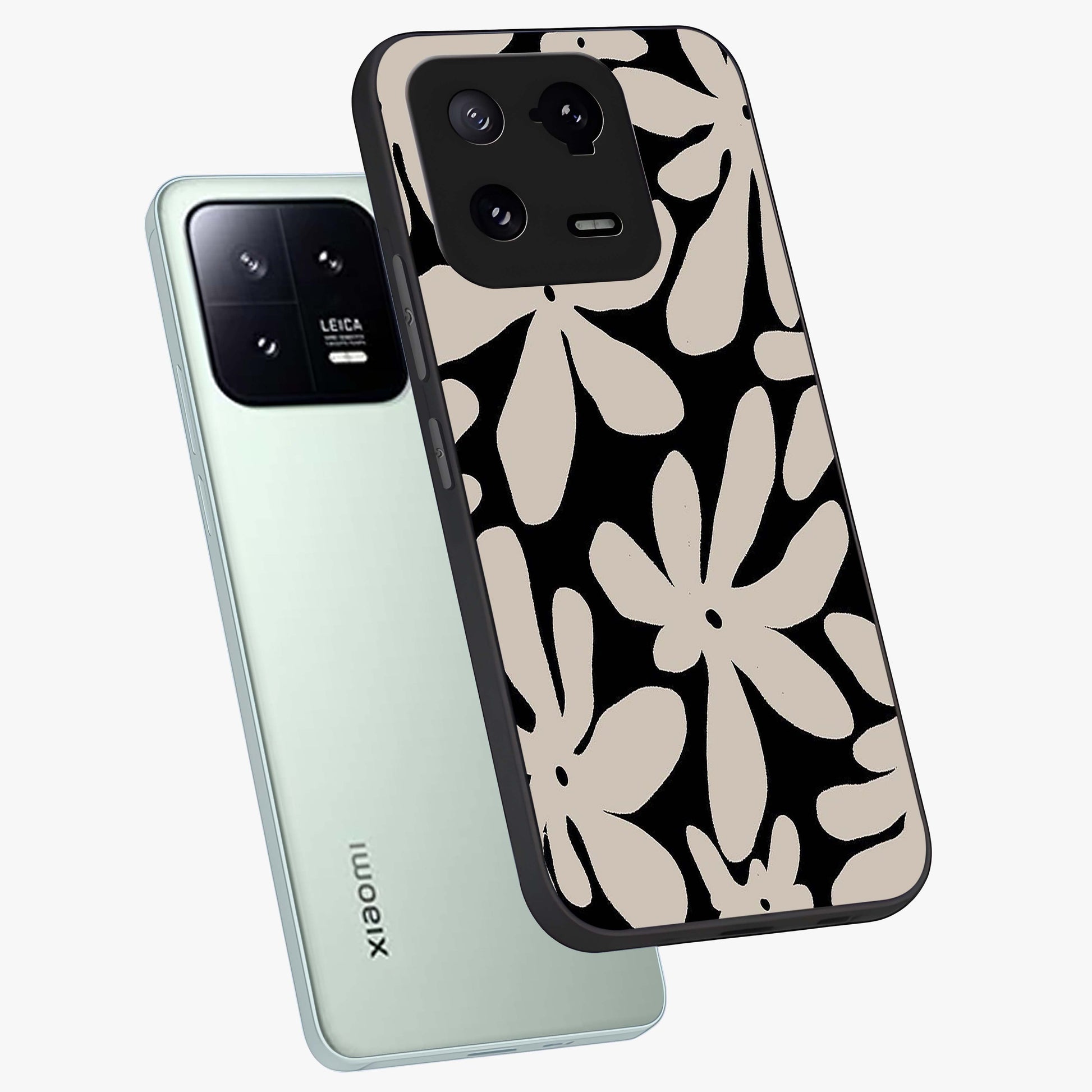 Monochrome Petal Dance Glass Case displayed in angled mockup highlighting elegant petal design with black and white aesthetic.