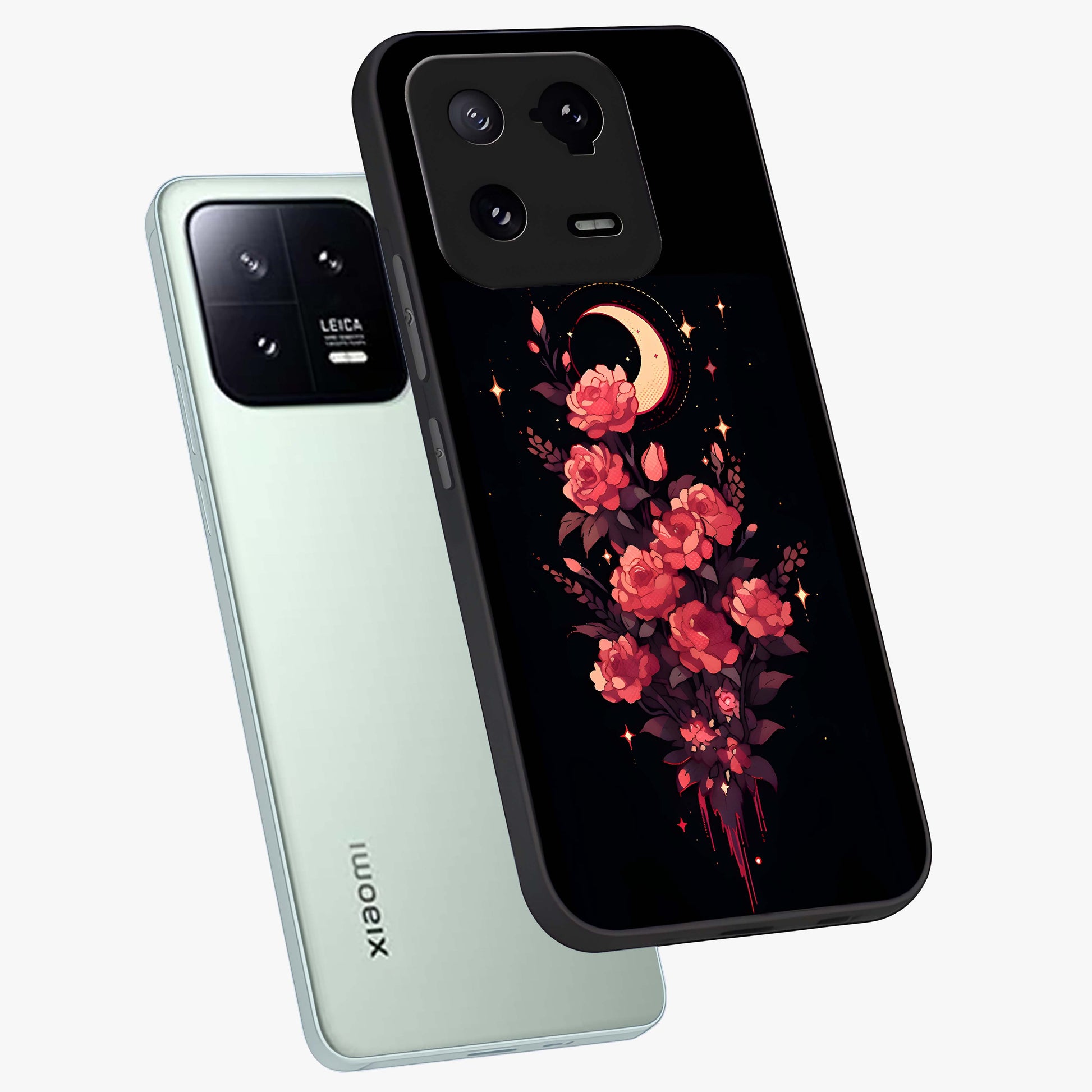 Moonlit Floral Elegance Glass Case displayed in angled mockup highlighting graceful flower design with soft moonlight aesthetic.