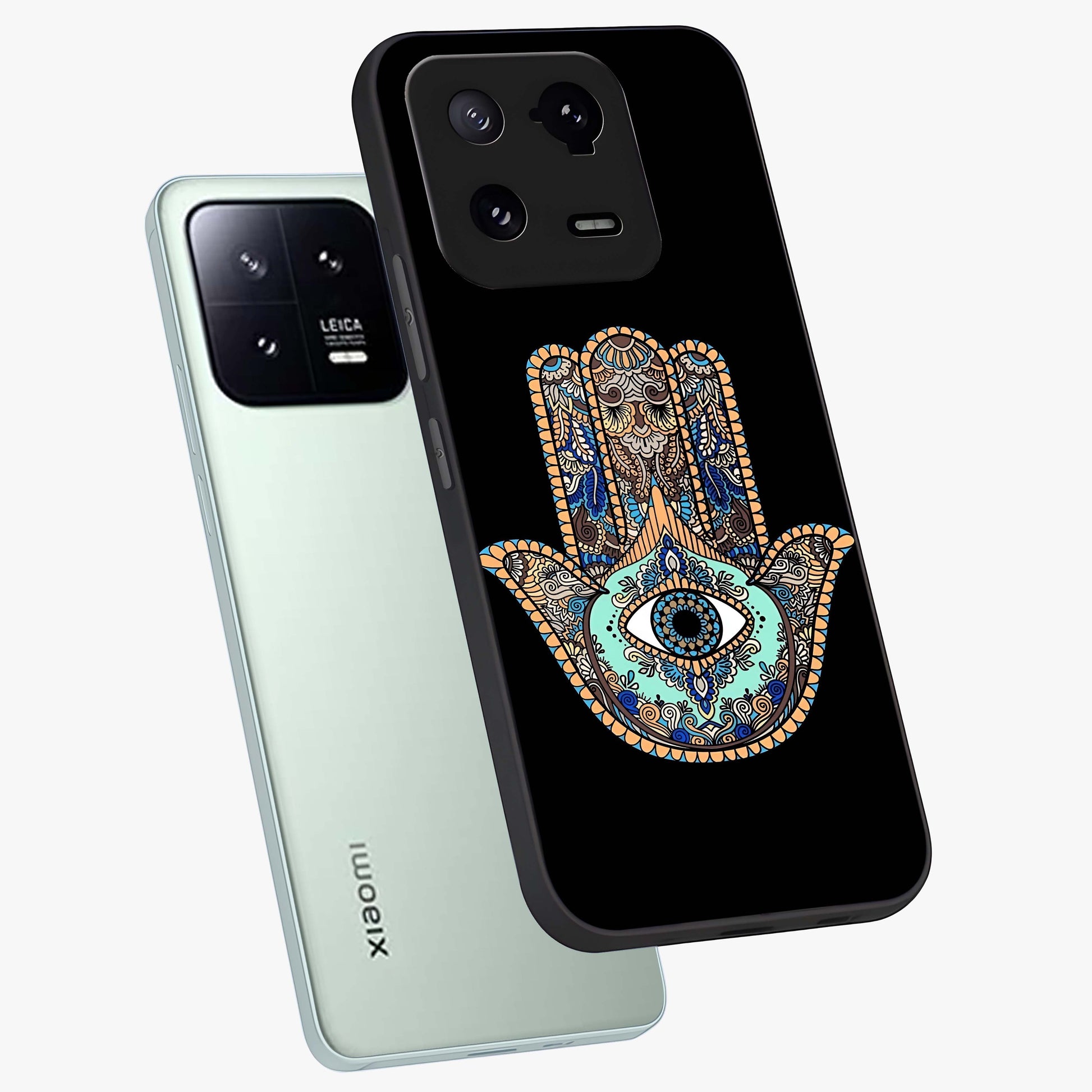 Mystic Hamsa Eye Glass Case displayed in angled mockup highlighting spiritual hamsa symbol with mystical aesthetic style.