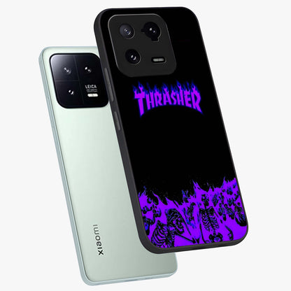 Neon Flame Riot Glass Case displayed in angled mockup highlighting glowing flame design with vibrant neon aesthetic.