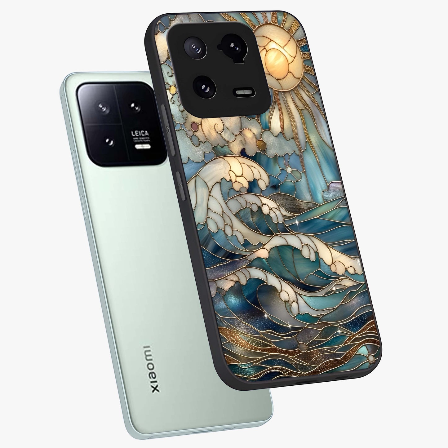 Oceanic Stained Printed Glass Case displayed in angled mockup highlighting colorful aquatic design with artistic aesthetic style.