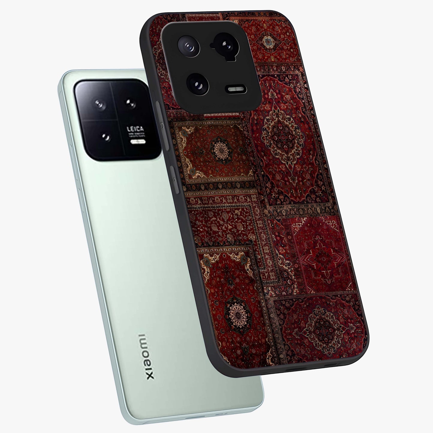 Persian Velvet Tale Glass Case displayed in angled mockup highlighting ornate textile inspired design with royal aesthetic.