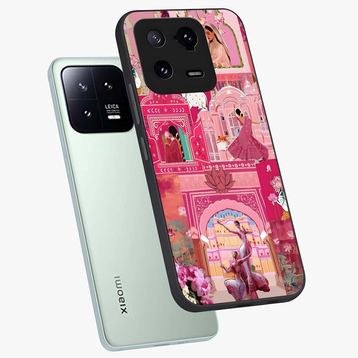 Pink Palace Muse Glass Case displayed in angled mockup highlighting dreamy palace illustration with soft pink aesthetic.