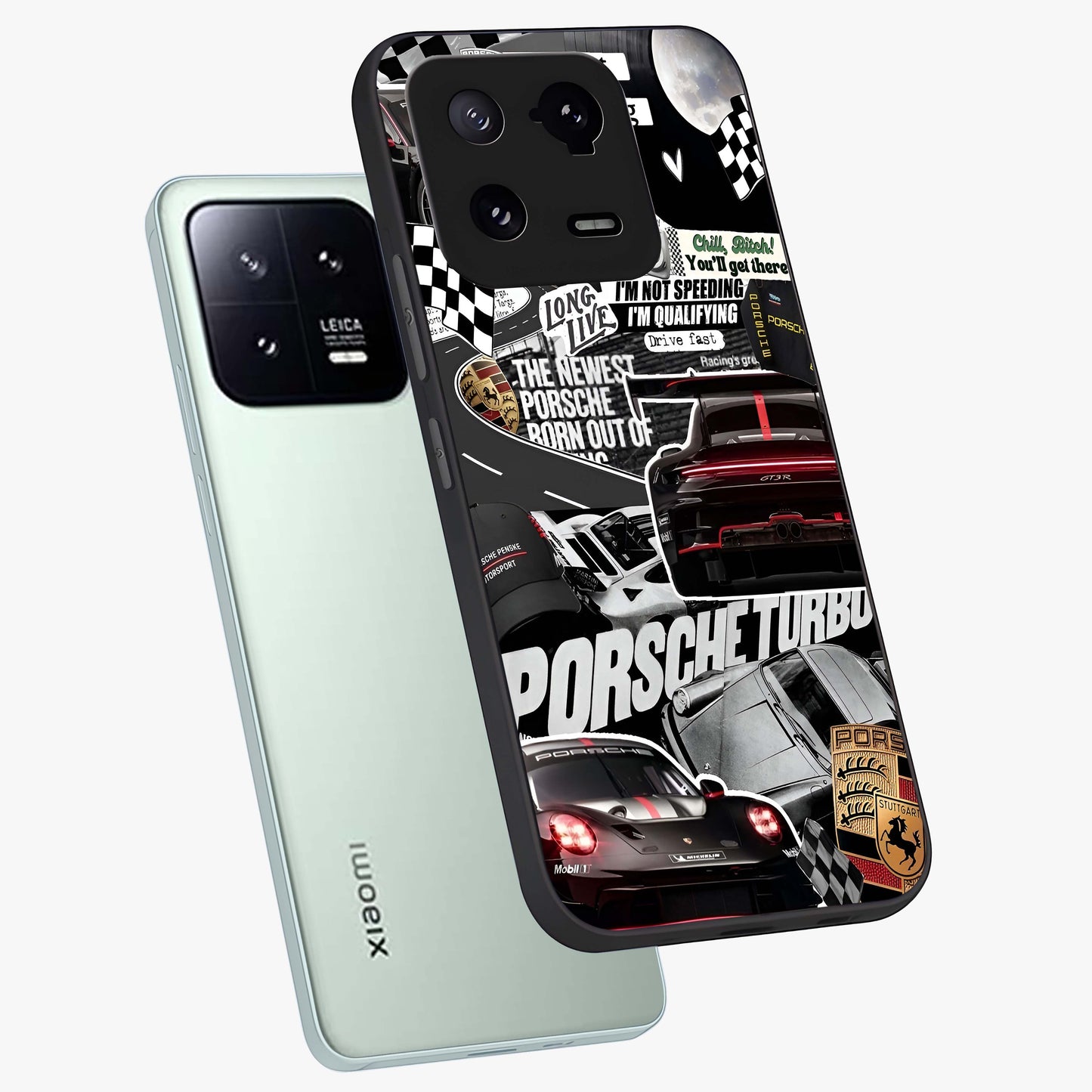 Porsche Racing Collage Glass Case displayed in angled mockup highlighting dynamic automotive design with bold racing aesthetic.